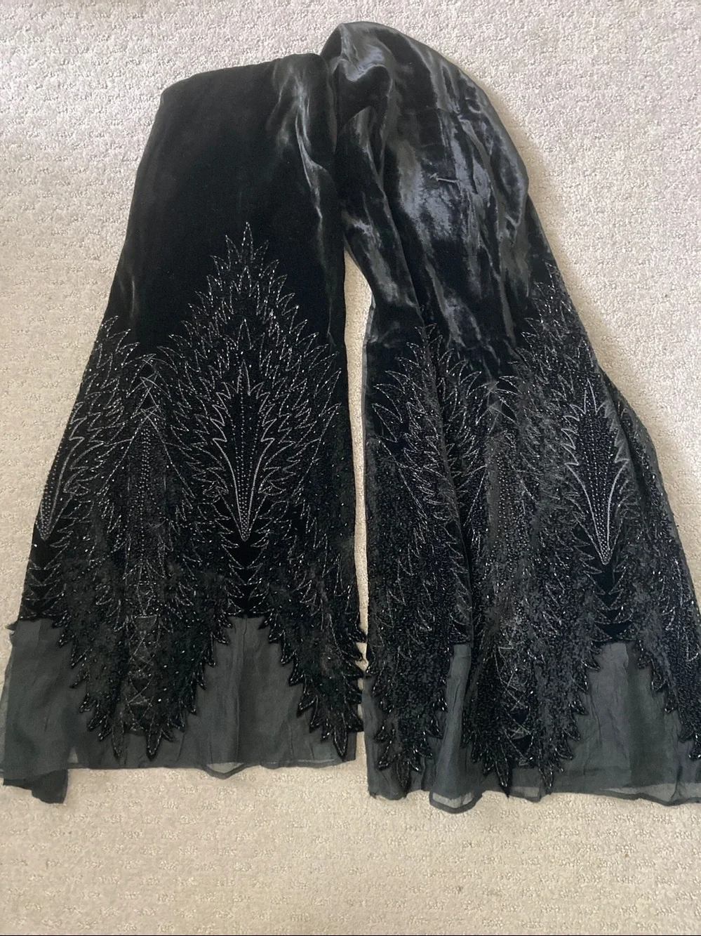 Vintage Echo black beaded silk satin & velvet scarf.